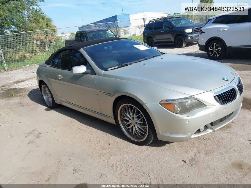 2004 BMW 645Ci VIN: WBAEK73484B322531 Lot: 42616516