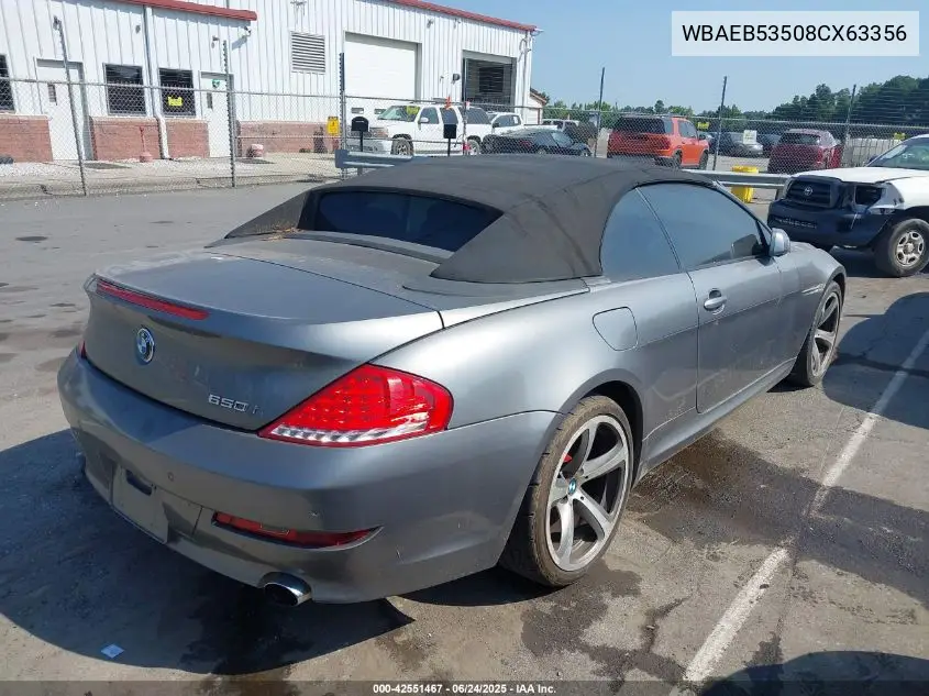 2008 BMW 650I VIN: WBAEB53508CX63356 Lot: 42551467
