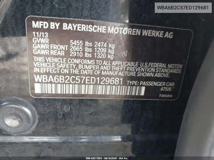 2014 BMW 650I Gran Coupe VIN: WBA6B2C57ED129681 Lot: 42517803