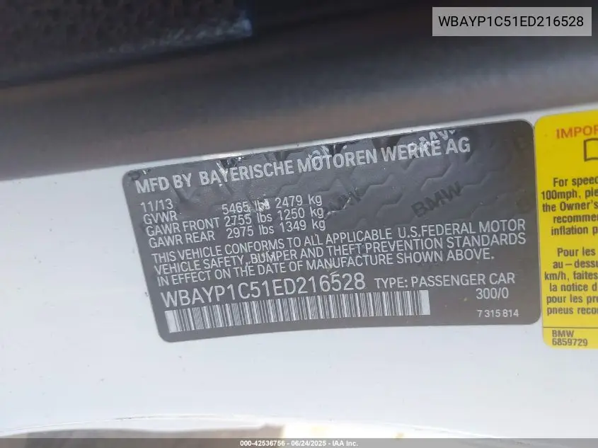 2014 BMW 650I xDrive VIN: WBAYP1C51ED216528 Lot: 42536756