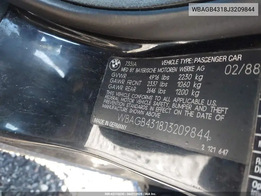 1988 BMW 735 I Automatic VIN: WBAGB4318J3209844 Lot: 42133230