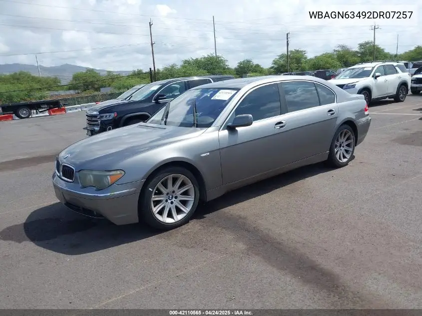 2002 BMW 745Li VIN: WBAGN63492DR07257 Lot: 42110565
