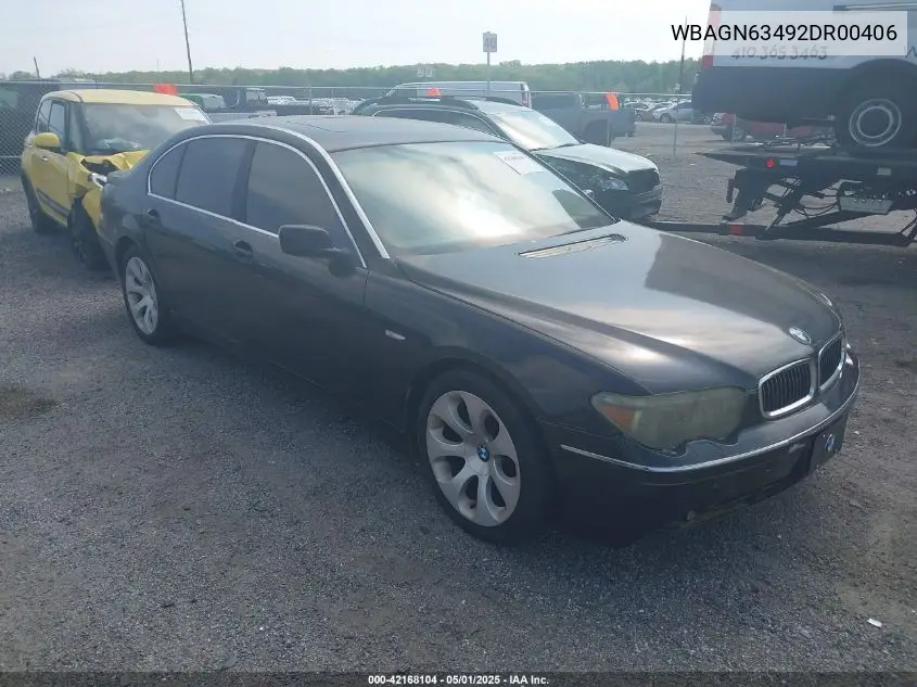 2002 BMW 745Li VIN: WBAGN63492DR00406 Lot: 42168104
