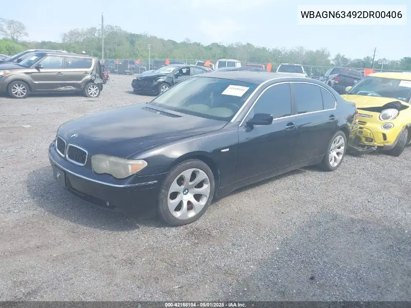2002 BMW 745Li VIN: WBAGN63492DR00406 Lot: 42168104