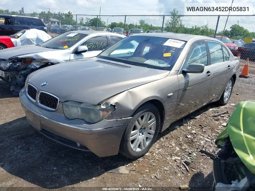 2002 BMW 745Li VIN: WBAGN63452DR05831 Lot: 42383872