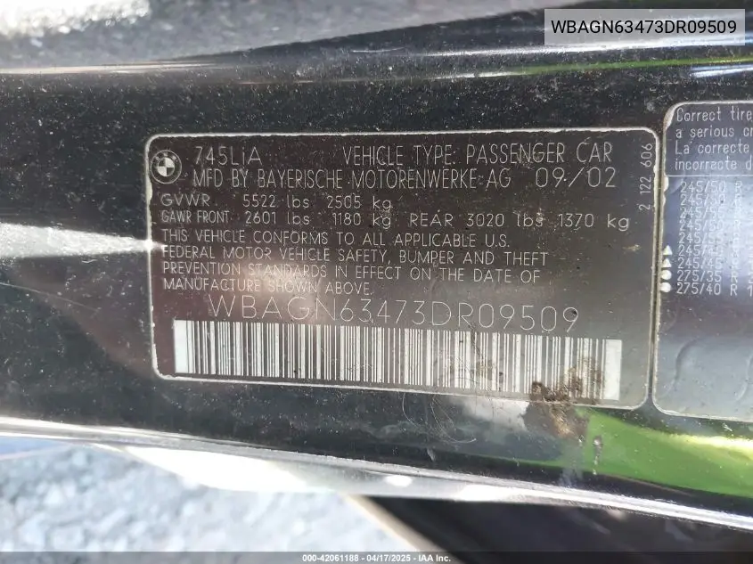 2003 BMW 745Li VIN: WBAGN63473DR09509 Lot: 42061188