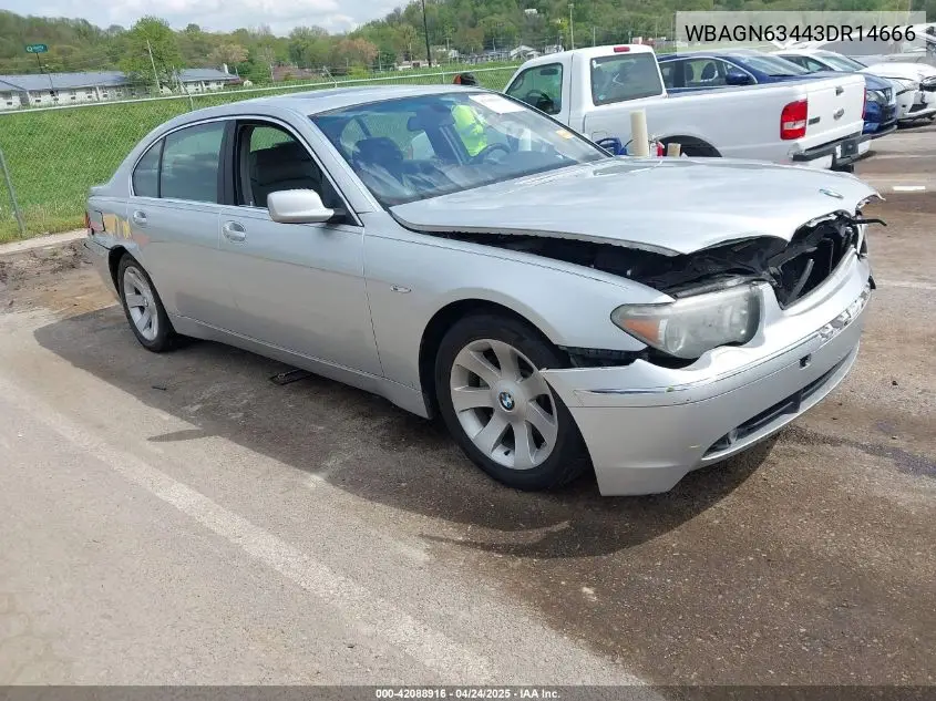 2003 BMW 745Li VIN: WBAGN63443DR14666 Lot: 42088916