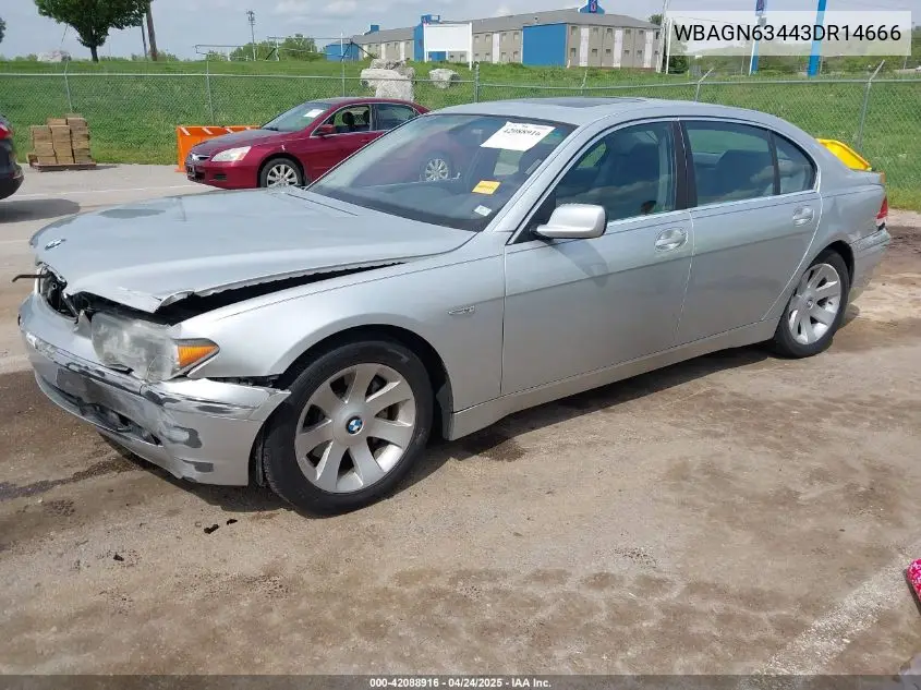 2003 BMW 745Li VIN: WBAGN63443DR14666 Lot: 42088916