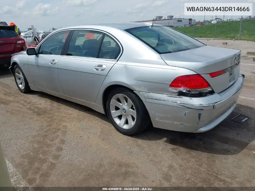 2003 BMW 745Li VIN: WBAGN63443DR14666 Lot: 42088916