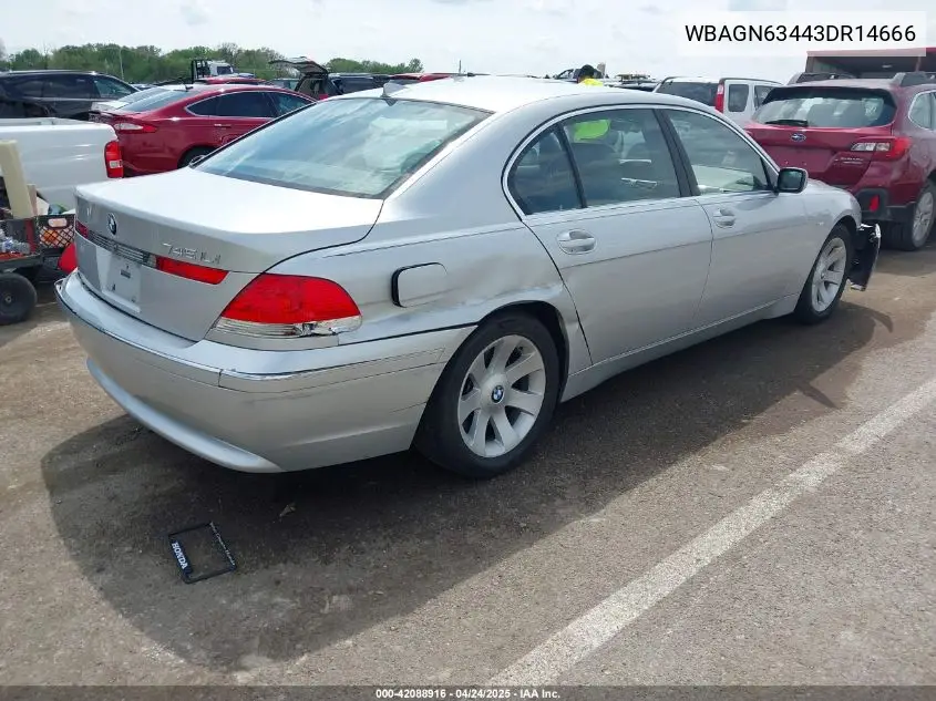 2003 BMW 745Li VIN: WBAGN63443DR14666 Lot: 42088916