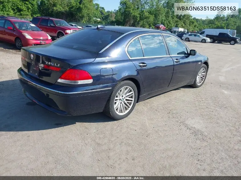 2005 BMW 745Li VIN: WBAGN63515DS58163 Lot: 42564631
