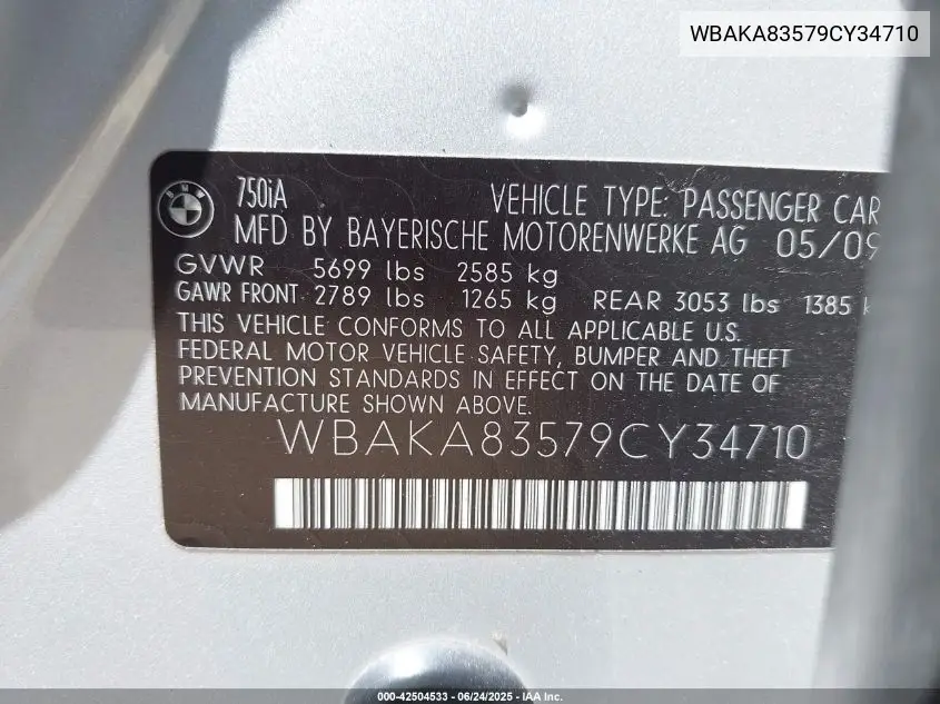 2009 BMW 750I VIN: WBAKA83579CY34710 Lot: 42504533