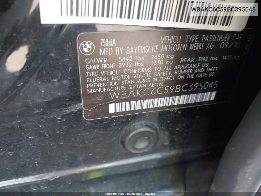 2011 BMW 750I xDrive VIN: WBAKC6C59BC395045 Lot: 41916109