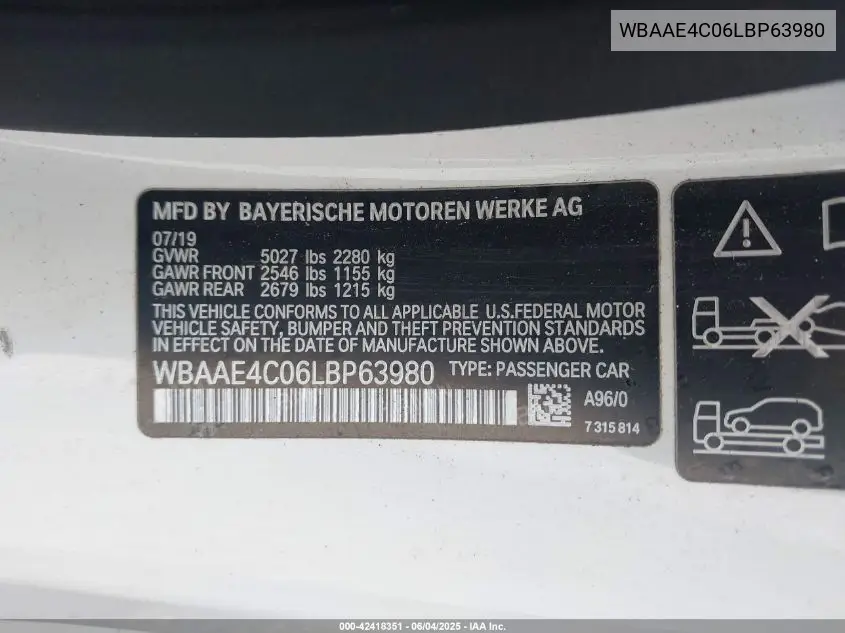 2020 BMW 840I xDrive VIN: WBAAE4C06LBP63980 Lot: 42418351