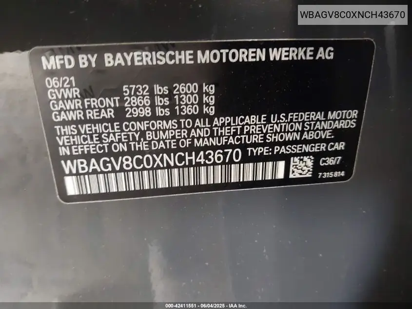 2022 BMW M850I Gtan Coupe xDrive VIN: WBAGV8C0XNCH43670 Lot: 42411551