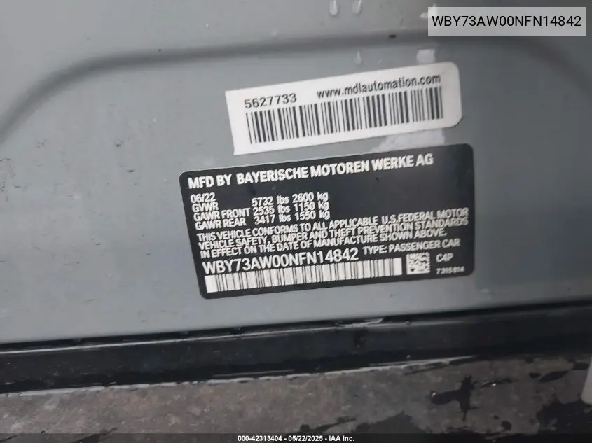 2022 BMW I4 Edrive40 VIN: WBY73AW00NFN14842 Lot: 42313404