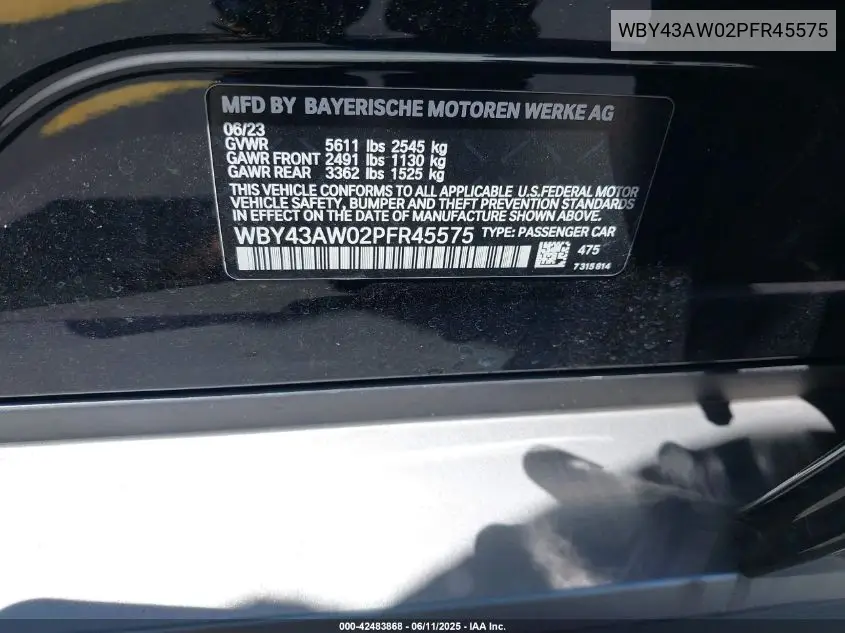 2023 BMW I4 Edrive35 VIN: WBY43AW02PFR45575 Lot: 42483868