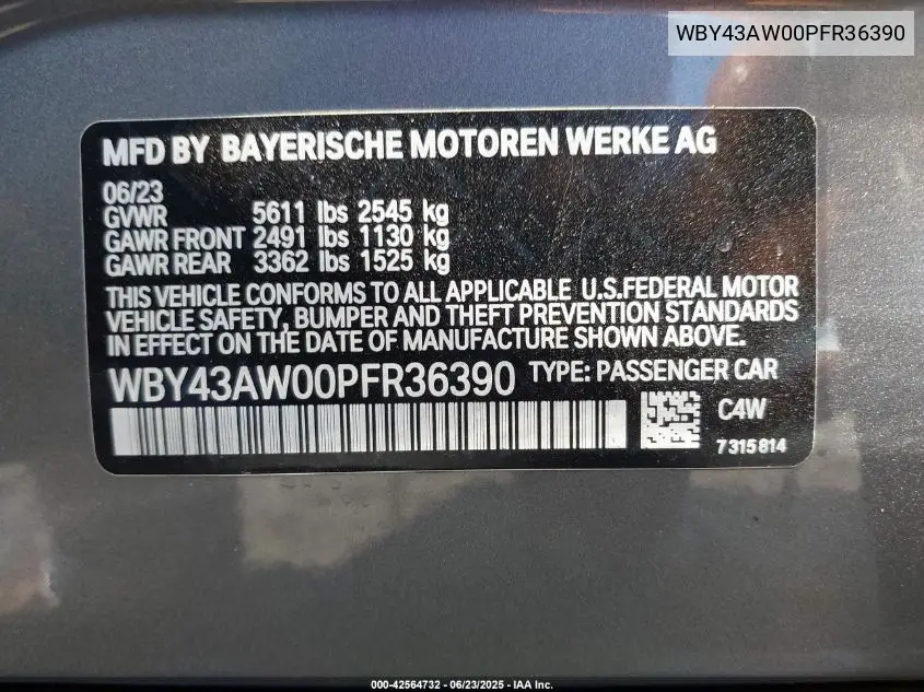 2023 BMW I4 Edrive35 VIN: WBY43AW00PFR36390 Lot: 42564732
