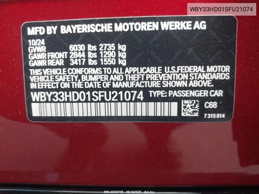 2025 BMW I4 M50 VIN: WBY33HD01SFU21074 Lot: 42493705