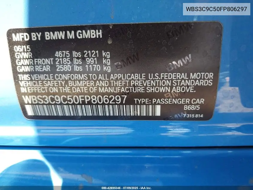2015 BMW M3 VIN: WBS3C9C50FP806297 Lot: 42695346