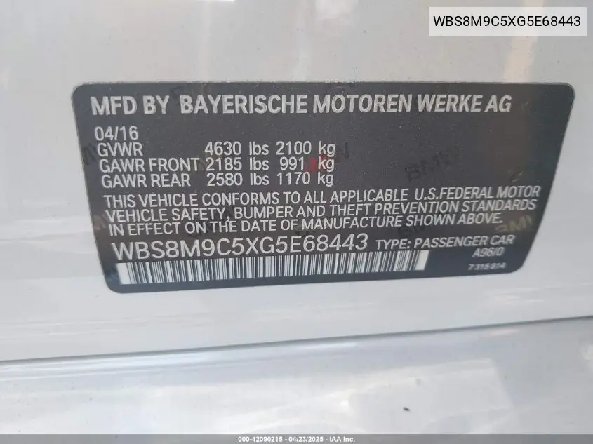 2016 BMW M3 VIN: WBS8M9C5XG5E68443 Lot: 42090215