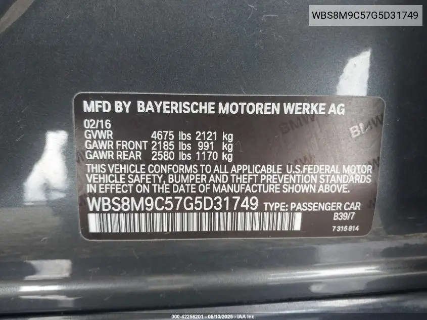 2016 BMW M3 VIN: WBS8M9C57G5D31749 Lot: 42256201