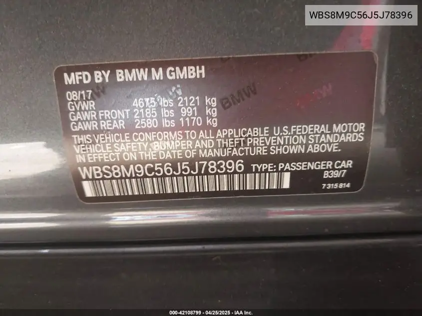 2018 BMW M3 Cs VIN: WBS8M9C56J5J78396 Lot: 42108799