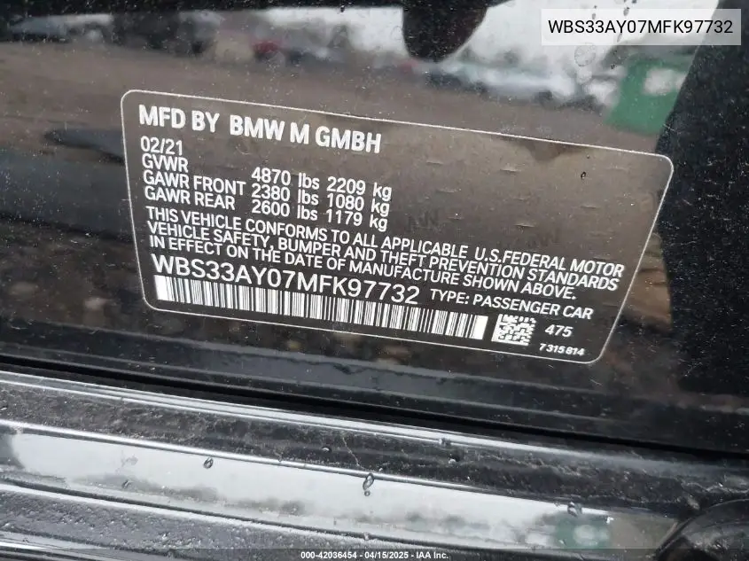 2021 BMW M3 Competition VIN: WBS33AY07MFK97732 Lot: 42036454