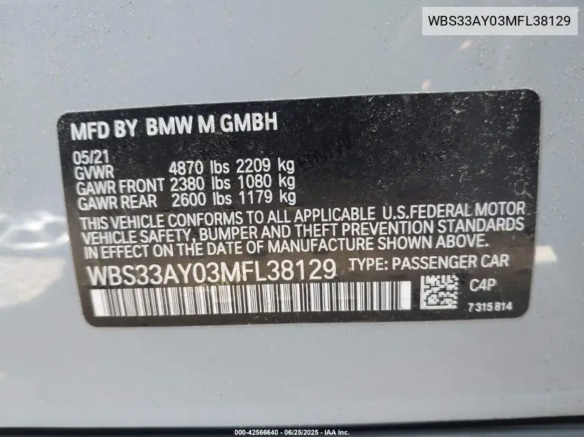 2021 BMW M3 Competition VIN: WBS33AY03MFL38129 Lot: 42566640