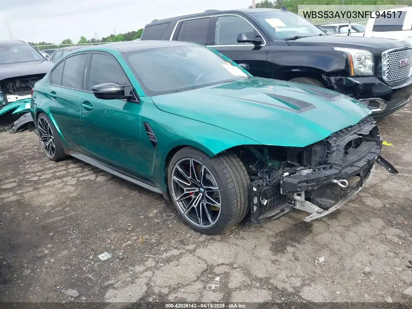 2022 BMW M3 Sedan VIN: WBS53AY03NFL94517 Lot: 42026142