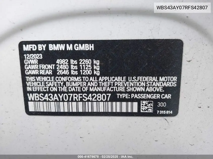 2024 BMW M3 Competition xDrive VIN: WBS43AY07RFS42807 Lot: 41678678