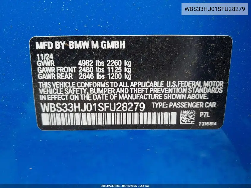2025 BMW M3 Competition xDrive VIN: WBS33HJ01SFU28279 Lot: 42247834