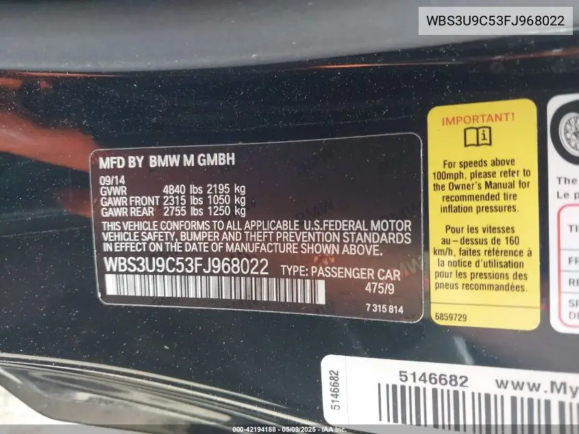 2015 BMW M4 VIN: WBS3U9C53FJ968022 Lot: 42194188