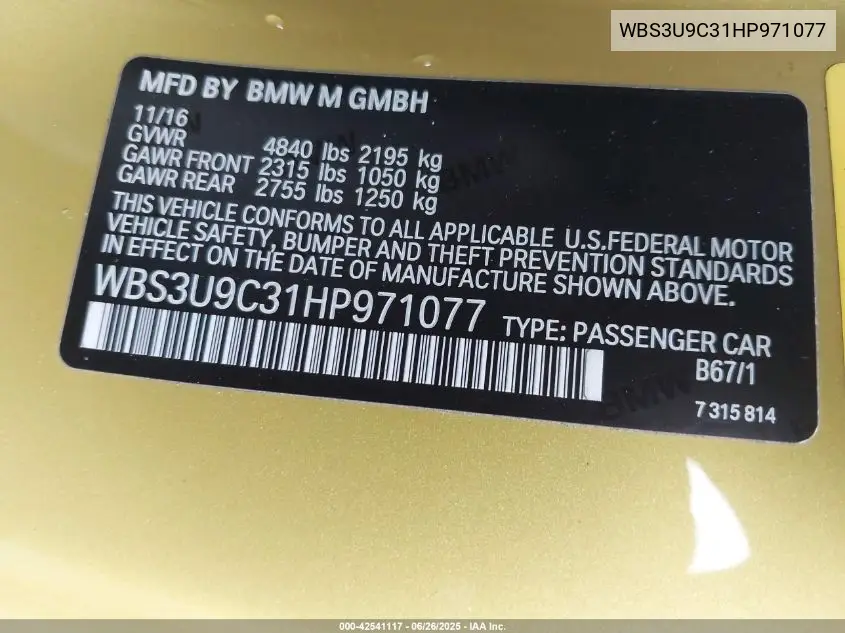2017 BMW M4 VIN: WBS3U9C31HP971077 Lot: 42541117