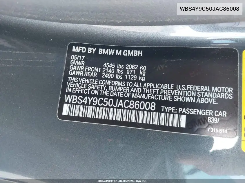2018 BMW M4 VIN: WBS4Y9C50JAC86008 Lot: 41949997