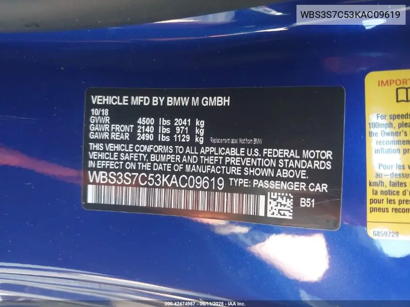 2019 BMW M4 Cs VIN: WBS3S7C53KAC09619 Lot: 42474967