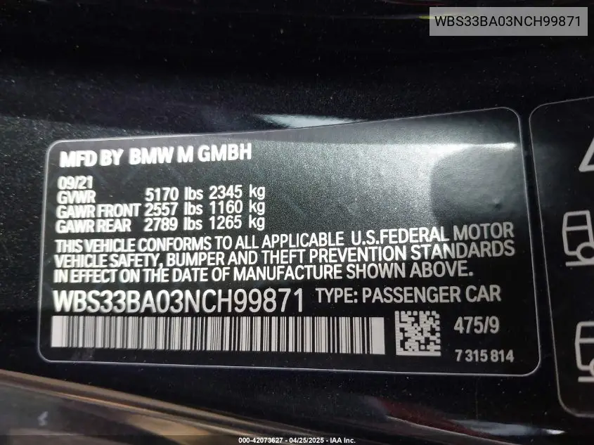2022 BMW M4 Competition xDrive VIN: WBS33BA03NCH99871 Lot: 42073627