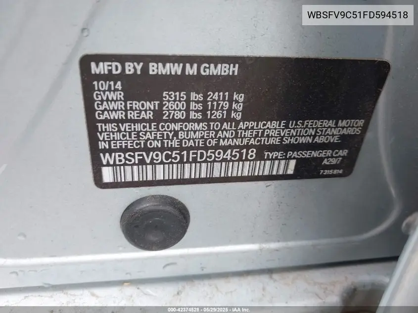 2015 BMW M5 VIN: WBSFV9C51FD594518 Lot: 42374528