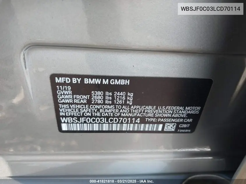 2020 BMW M5 VIN: WBSJF0C03LCD70114 Lot: 41821818
