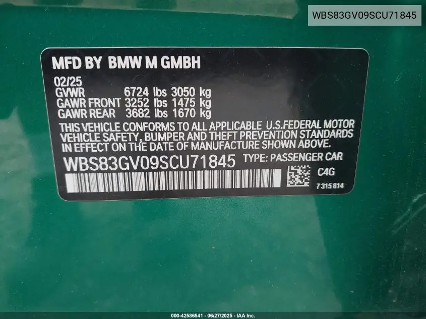 2025 BMW M5 VIN: WBS83GV09SCU71845 Lot: 42586541