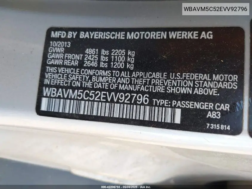2014 BMW X1 xDrive35I VIN: WBAVM5C52EVV92796 Lot: 42206755