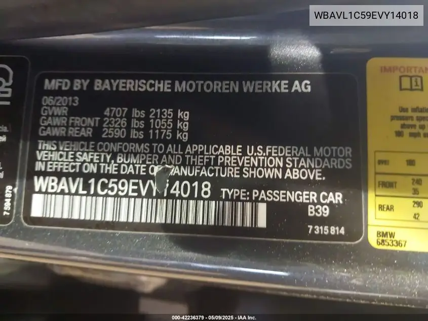 2014 BMW X1 xDrive28I VIN: WBAVL1C59EVY14018 Lot: 42236379