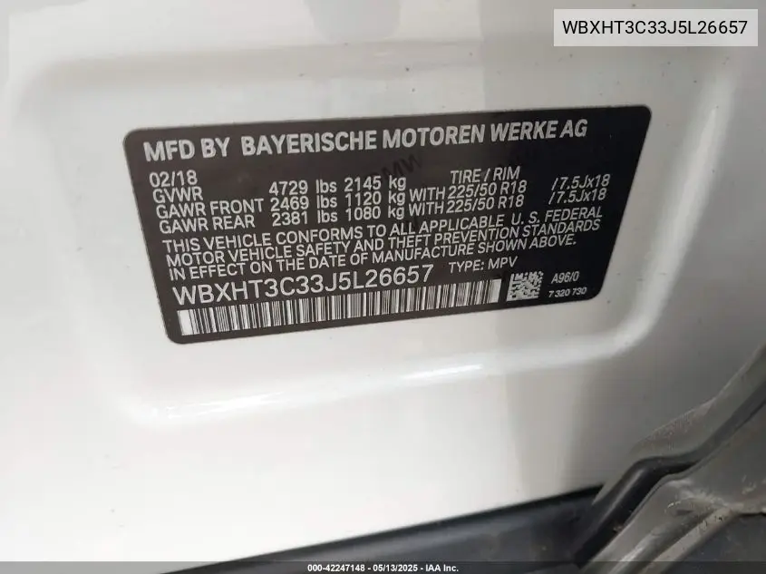 2018 BMW X1 xDrive28I VIN: WBXHT3C33J5L26657 Lot: 42247148