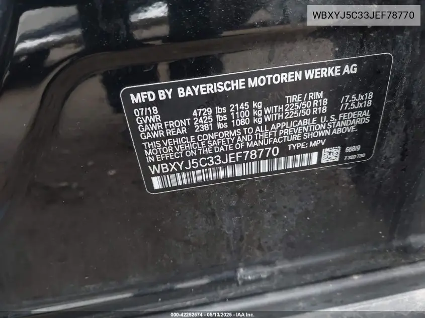 2018 BMW X2 xDrive28I VIN: WBXYJ5C33JEF78770 Lot: 42252574