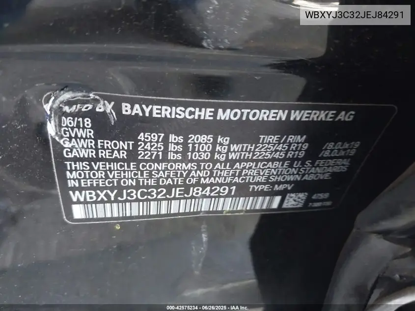 2018 BMW X2 Sdrive28I VIN: WBXYJ3C32JEJ84291 Lot: 42575234