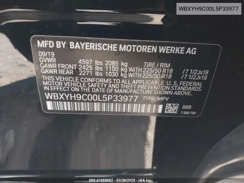 2020 BMW X2 Sdrive28I VIN: WBXYH9C00L5P33977 Lot: 41888662