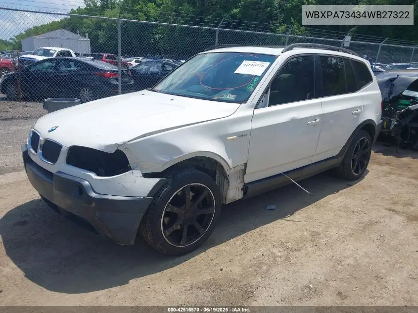 2004 BMW X3 2.5I VIN: WBXPA73434WB27322 Lot: 42516570