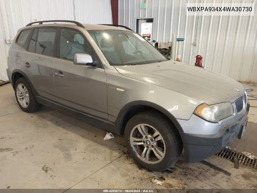 2004 BMW X3 3.0I VIN: WBXPA934X4WA30730 Lot: 42538731