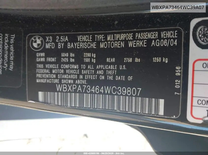 2004 BMW X3 2.5I VIN: WBXPA73464WC39A07 Lot: 42569196