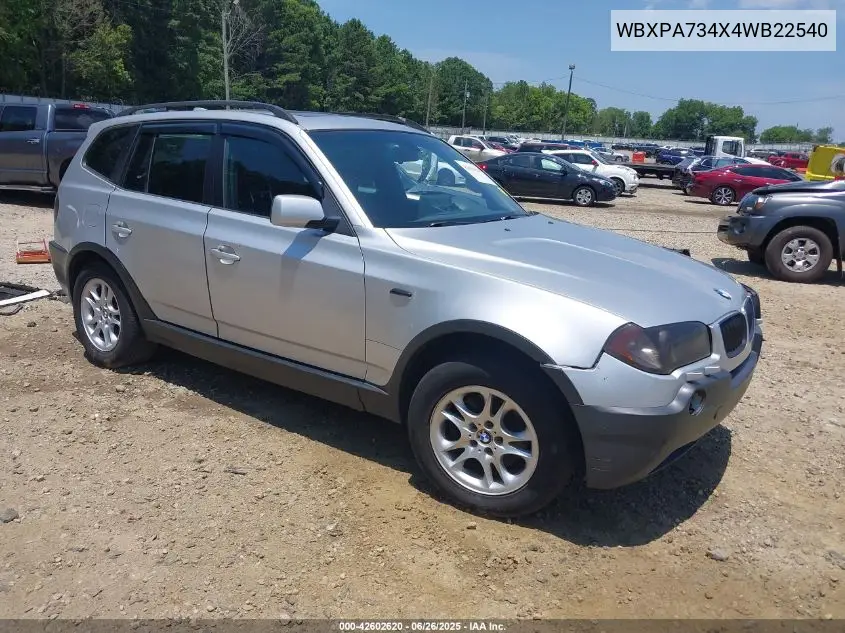 2004 BMW X3 2.5I VIN: WBXPA734X4WB22540 Lot: 42602620